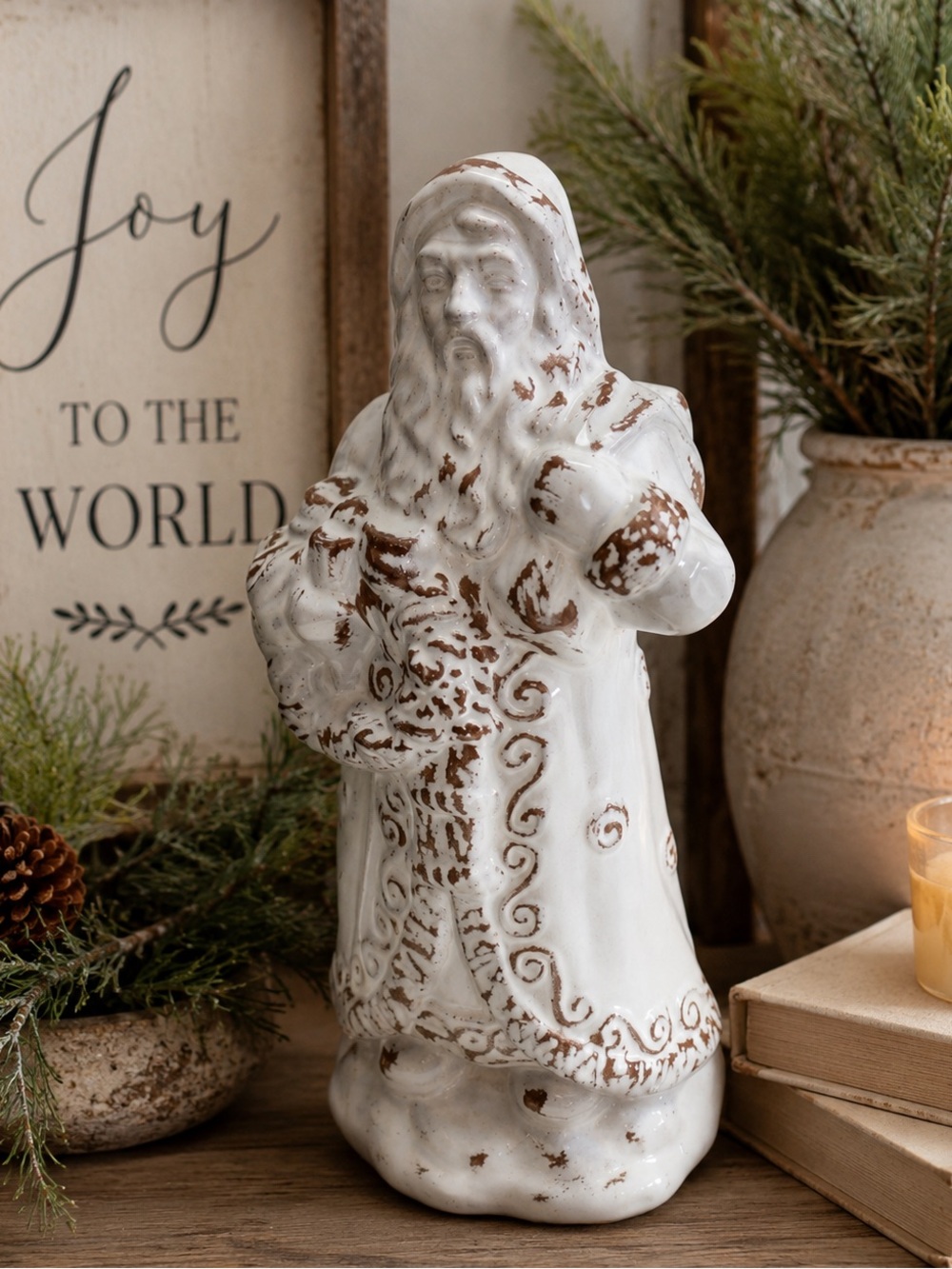 Old World White Distressed Ceramic Santa Figurine Farmhouse Christmas Decor 11”